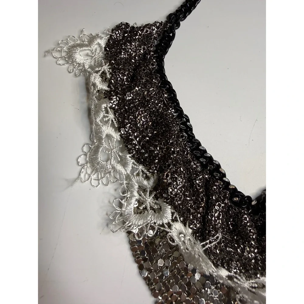 Mixed Media Bib Necklace Black Chainmail Mesh Lace Ruffle Statement Jewelry
